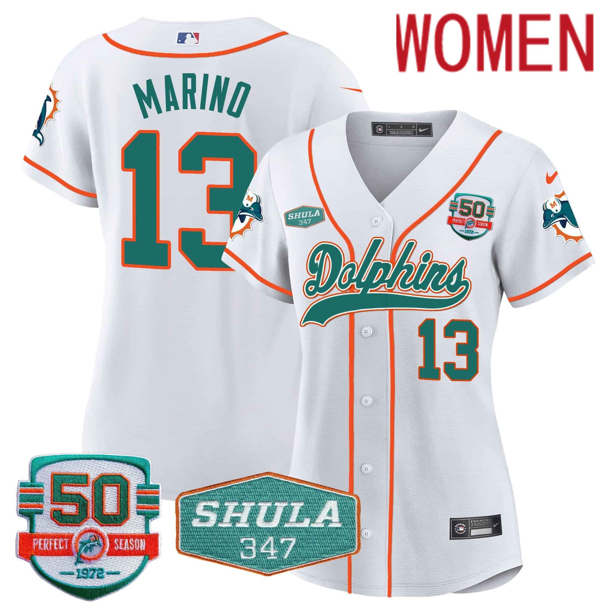 Women Miami Dolphins 13 Marino White 2024 Nike 50th Don Shula Memorial Patch Baseball NFL Jersey
